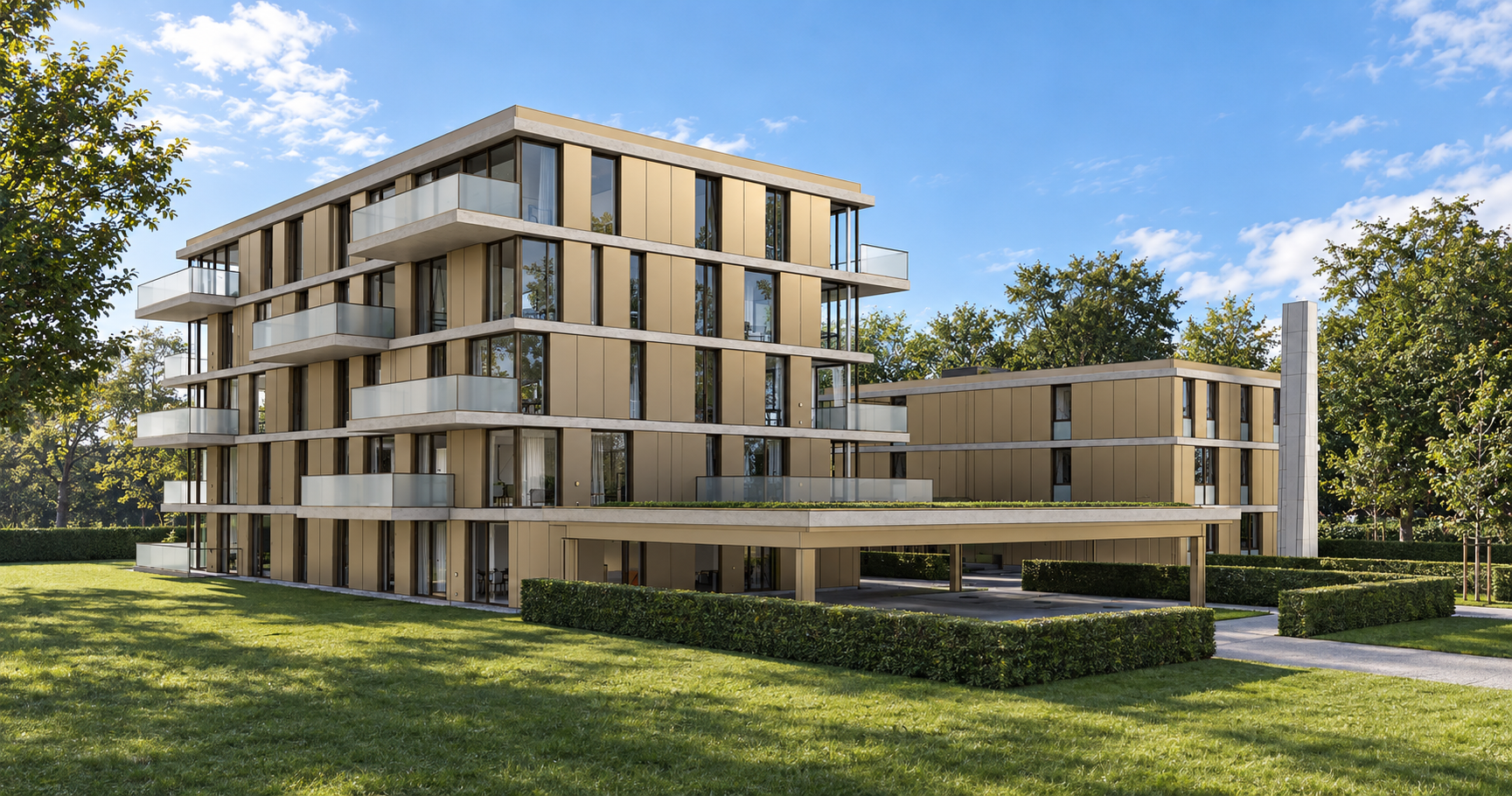 3D-impressie van het woongebouw aan de Luxemburglaan, met champagnekleurige gevels, horizontale betonbanden en de obelisk in het groen